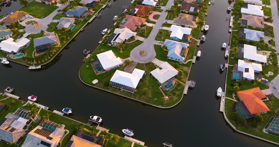 Punta Gorda, Florida at evening hour. Waterfront suburban houses and palm trees shine in warm tropical sunset atmosphere.
