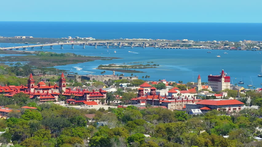 St. Augustine, Florida. Panoramic cityscape with old historical architecture. Popular tourist place for family travel.