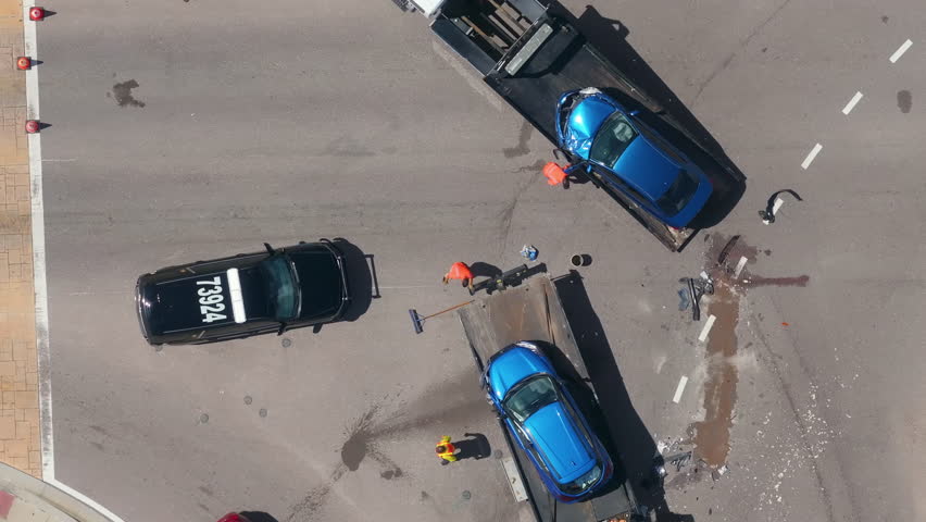 Traffic crash with tow truck loading damaged car on USA city street.