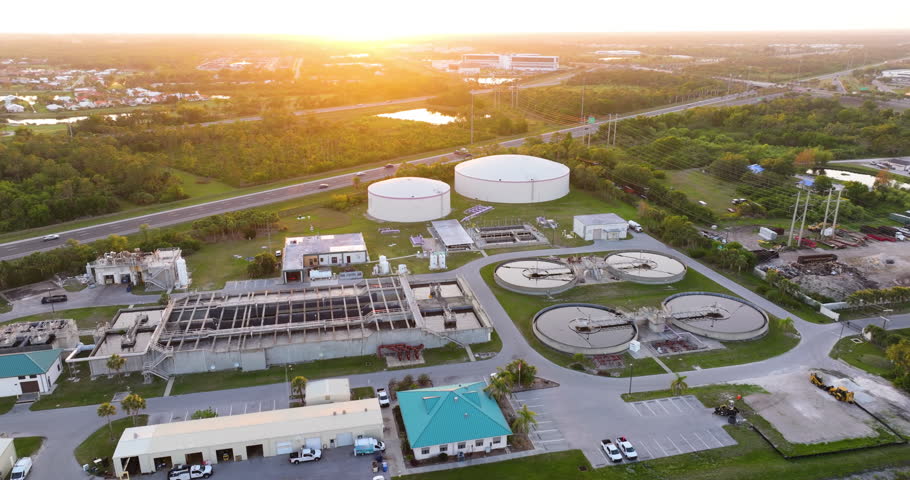 Water treatment facility with multiple tanks and filtration units. Vital infrastructure for sustainable water management and distribution.