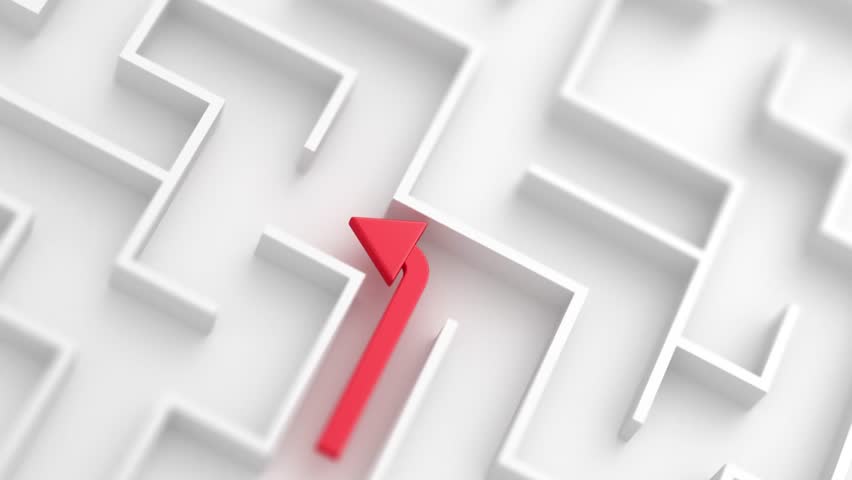 Seamless loop. White labyrinth maze and red arrow. Сhoose your path. Finding and looking for a solution, change your life, leadership concept. 4K Resolution