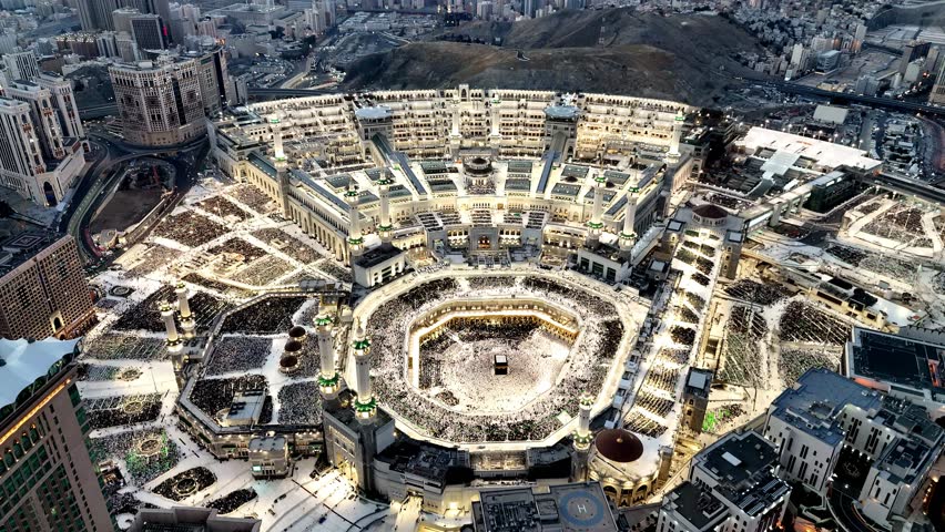 Aerial view Mecca city Clock Tower, Masjid Al Haram Al Kaaba 4k drone Video