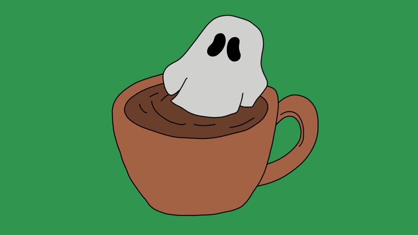 Animated Ghost in a Coffee Cup on Green Screen. Cute and Spooky Halloween Doodle for Social Media and Vlogs.