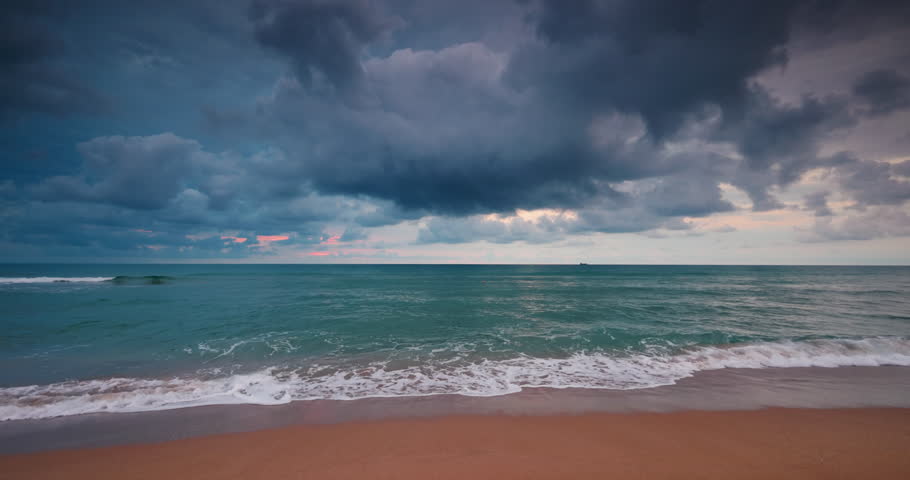 Stormy Beach Scene With Dark Clouds Over Turquoise Ocean And Sandy Shore Dramatic Sea Sunrise