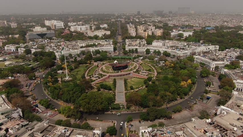 An Aerial Drone shot of Connaught Place Cp in New Delhi capital city of India 