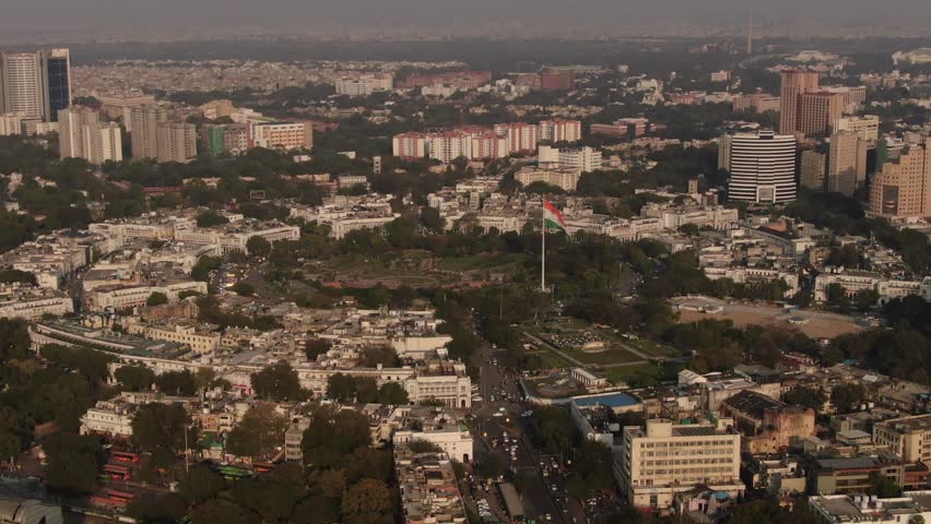 An Aerial Drone shot of Connaught Place Cp in New Delhi capital city of India 