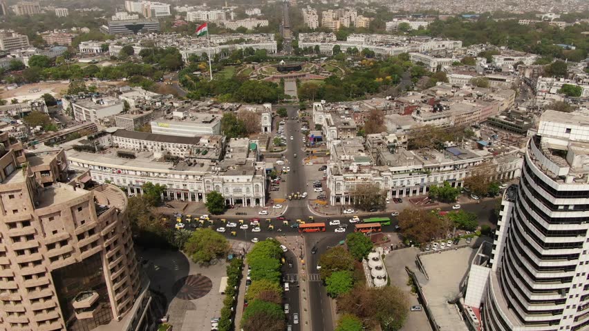 An Aerial Drone shot of Connaught Place Cp in New Delhi capital city of India 