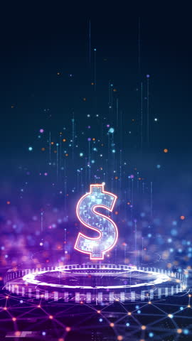 Motion graphic of a glowing dollar sign emerging from a digital grid, symbolizing financial technology, innovation and digital economy.