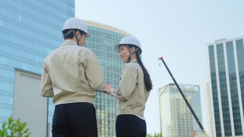 A group of male and female engineers having a meeting while looking at a tablet at a construction site