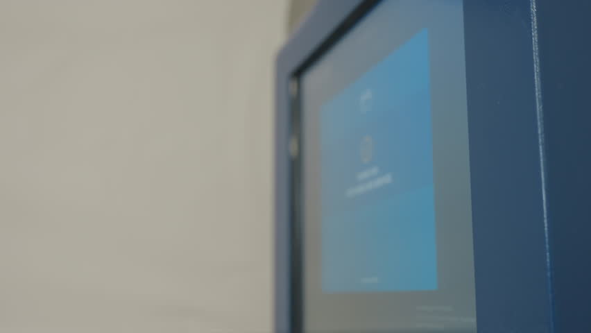 Close up payment machine screen showing digital interface with blue background displaying thank you for using service message, electronic checkout terminal display in operation - Powered by Shutterstock - Get 15% off with code: PIKWIZARD15