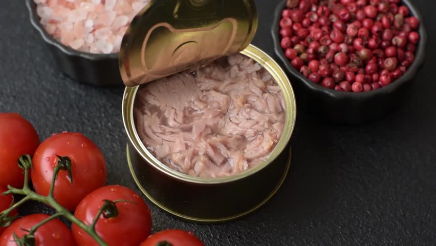 Tuna, canned fish in a can and on a plate for making sandwiches and other food. Canned tuna as an ingredient for cooking healthy food