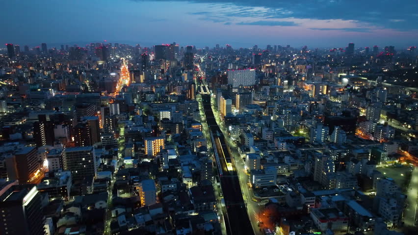 Aerial view of Osaka city at night, Japan.