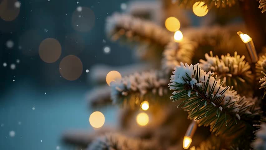 Christmas Tree Snow, Merry Christmas 2025, Winter Forest Snowfall, Slow Motion Holiday Background, Frosty Fir Trees, Pine, Ice Decoration, Outdoor Snowy Landscape, December Celebration, Xmas Light