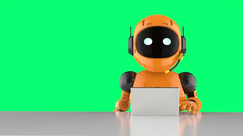 Cute and small artificial intelligence personal assistant robot greeting with digital tablet 4k footage