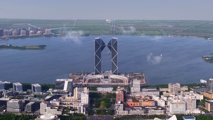 Cityscape along the shore of Dishui Lake in Lingang New Area, Shanghai, China