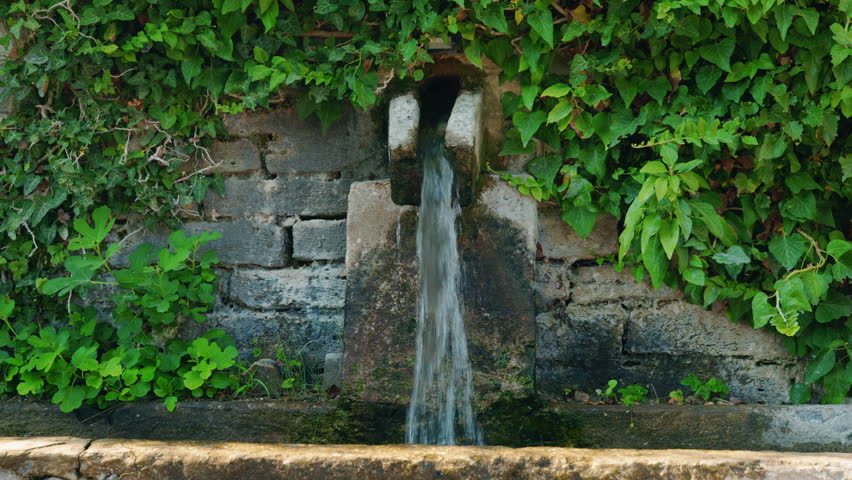Ancient stone fountain with clear water flowing from spout surrounded by green ivy leaves in garden. High quality 4k footage