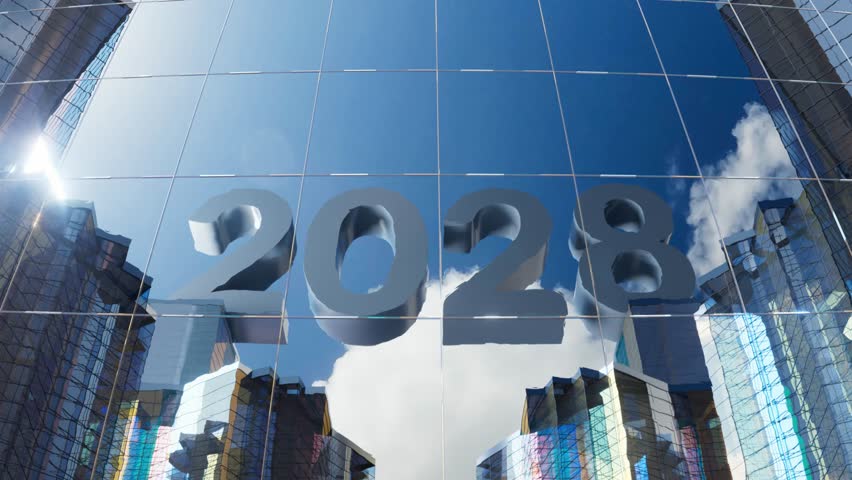 The year 2028 is prominently shown on a glass building, reflecting a clear sky and urban landscape.