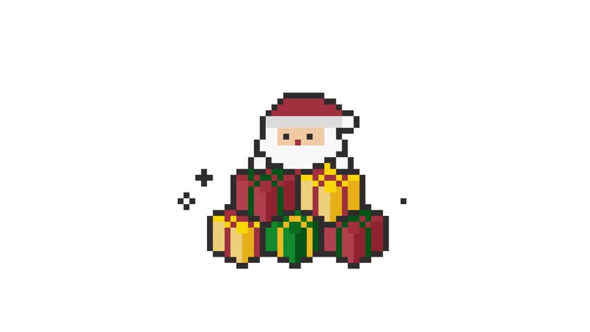 8-bit pixel art santa character with stacked gifts. looped animation 4k 30fps
