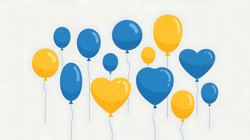 A collection of blue and yellow balloons, some heart-shaped, floating against a clean white background. Minimalist design. - Powered by Shutterstock - Get 15% off with code: PIKWIZARD15
