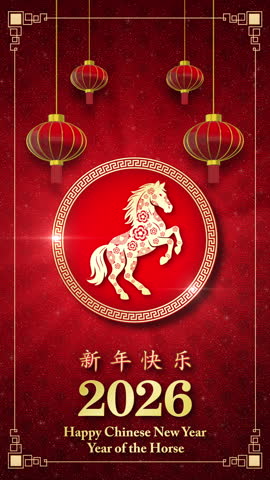 Red Chinese New Year 2026 design with golden horse zodiac sign, hanging lanterns, and traditional Chinese border pattern.