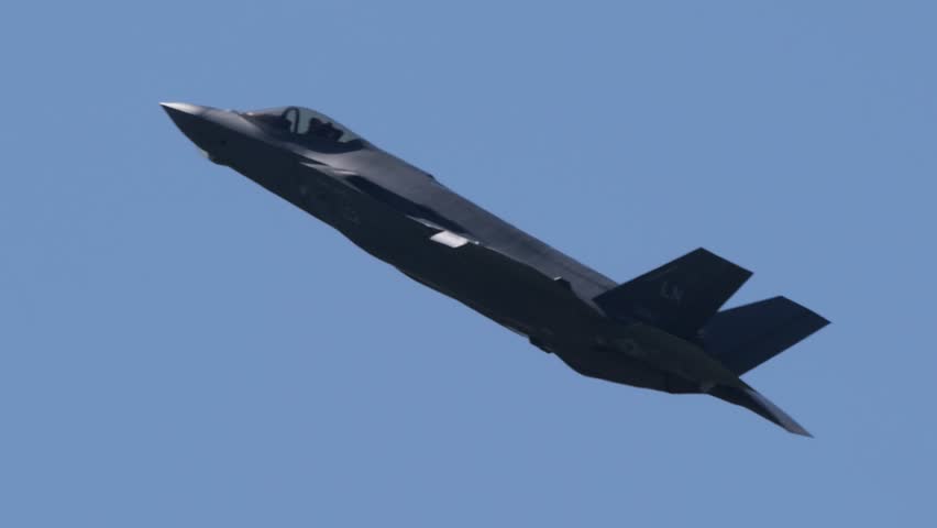 F-35A stealth fighter demonstration flight with high angle of attack and slow speedo pass