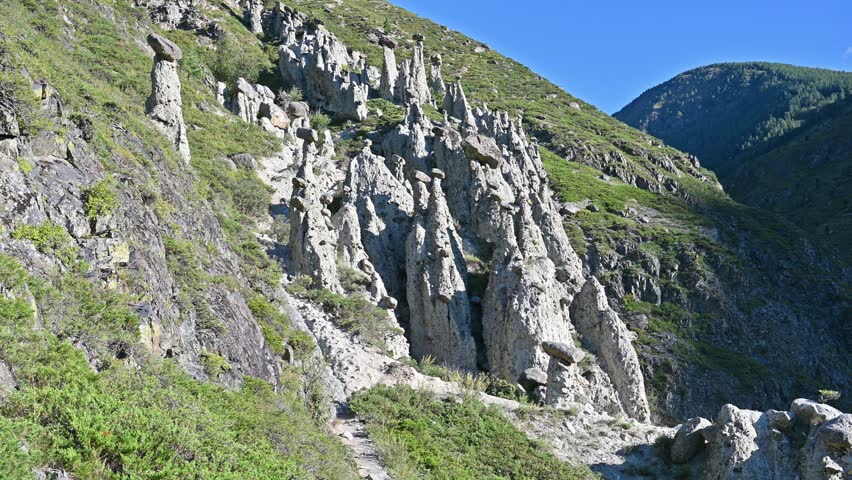 Landscape with a unique natural phenomenon of Stone Mushrooms. Altai Republic, Russia
