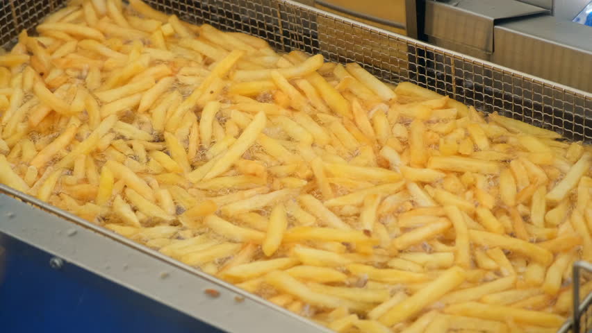 Crispy french fries cooking frying to golden perfection in a deep fryer on street. Preparing street fast food in park