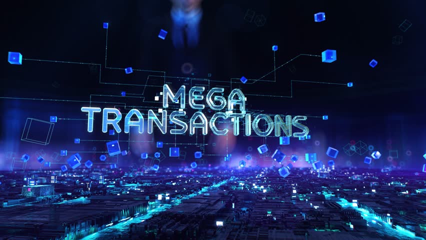 Mega Transactions- businessman working with virtual reality at office.