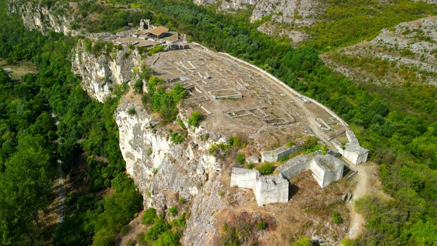 Aerial view of Ruins of medieval fortificated city of Cherven from period of Second Bulgarian Empire, Ruse region, Bulgaria