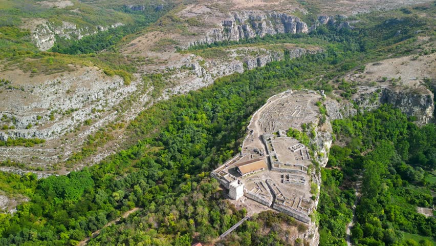 Aerial view of Ruins of medieval fortificated city of Cherven from period of Second Bulgarian Empire, Ruse region, Bulgaria