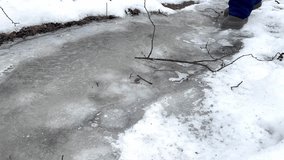 Footsteps on icy surface, showcasing gradual movement across a frozen path, with snow and twigs surrounding the scene, emphasizing the winter environment and the texture of ice - Powered by Shutterstock - Get 15% off with code: PIKWIZARD15