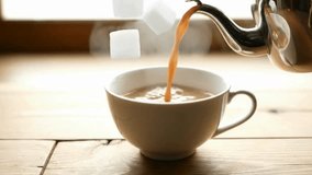 stop motion where hot chai pours into a teacup, sugar cubes bounce in, and a spoon stirs itself with rising steam. - Powered by Shutterstock - Get 15% off with code: PIKWIZARD15