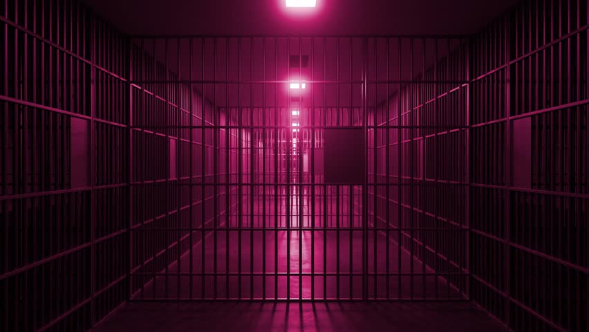 Magenta hued illumination casting surreal shadows across empty prison corridor, revealing stark metal bars and haunting institutional atmosphere of confinement
