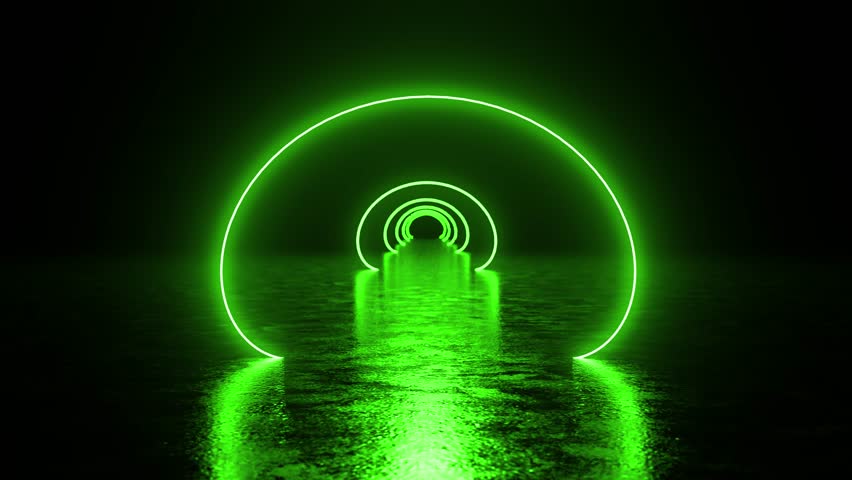 Luminescent green neon circles generating immersive tunnel effect, moving across reflective surface with dark background amplifying vibrant electric glow - Powered by Shutterstock - Get 15% off with code: PIKWIZARD15