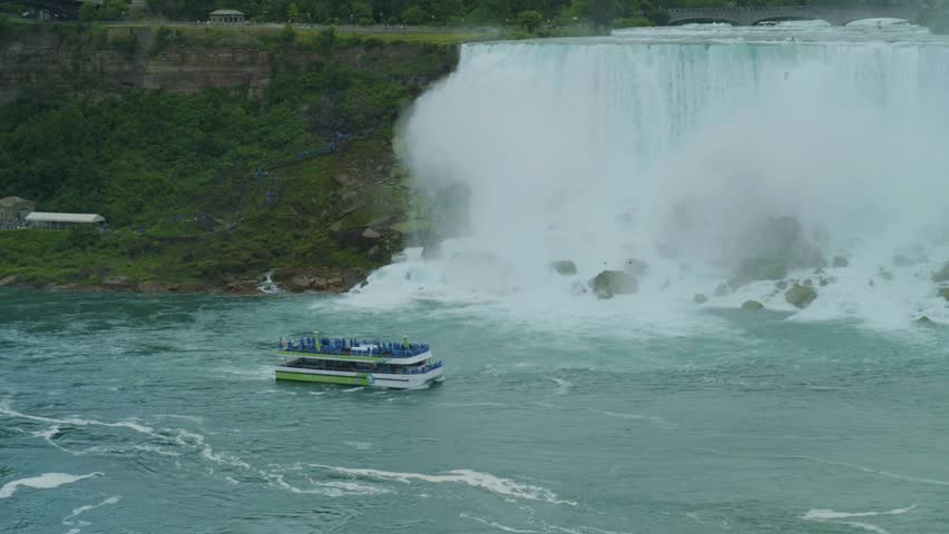 Maid of the Mist boat sailing in front of the American Falls in Niagara, capturing roaring water, mist, and scenic views—perfect for travel, adventure tourism, and iconic waterfall visuals.