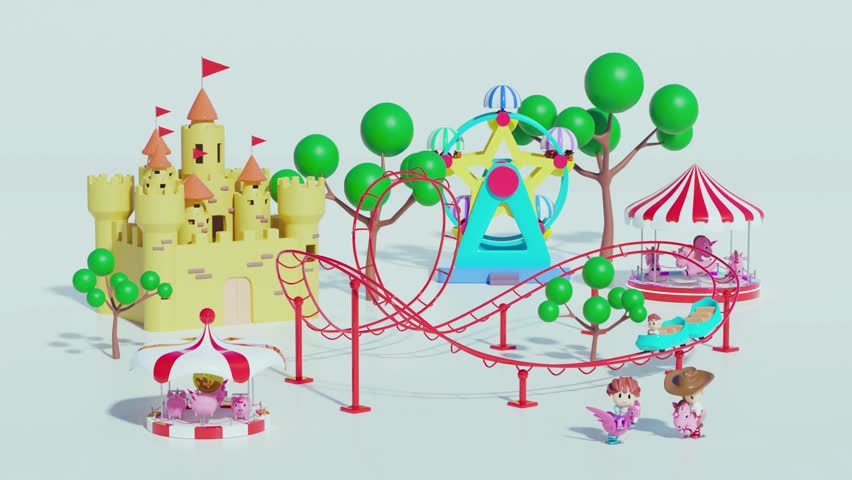 cartoon amusement park with castle and roller coaster animation for kids and family fun time and joy