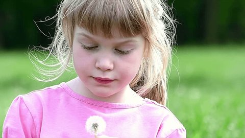 Little girl blowing dandelion in the park.High speed camera, slow motion