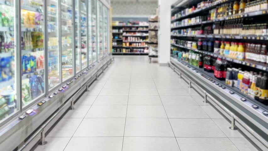 supermarket shelves filled with different types of foods and drinks,grocery store, refrigerator in a supermarket