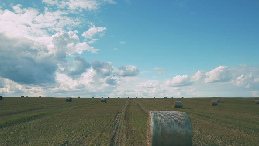 Enjoy the scenic view of hay bales against a bright blue sky with fluffy white clouds