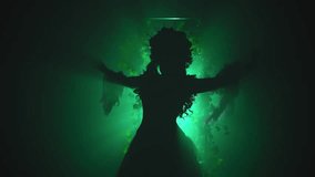 silhouette fantasy woman queen dancing spinning in black night garden full fog portal arch flowers, art neon green magic light. Gothic mysterious Girl in dark nature long lush dress in forest smoke 4k - Powered by Shutterstock - Get 15% off with code: PIKWIZARD15