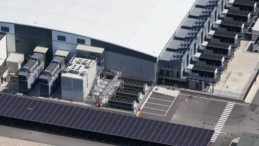 Close up details of data center, computing center, high consumption electricity. Cooling and emergency power.