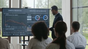Young Middle Eastern man speaking about diabetes prevention during medical conference in modern hospital - Powered by Shutterstock - Get 15% off with code: PIKWIZARD15