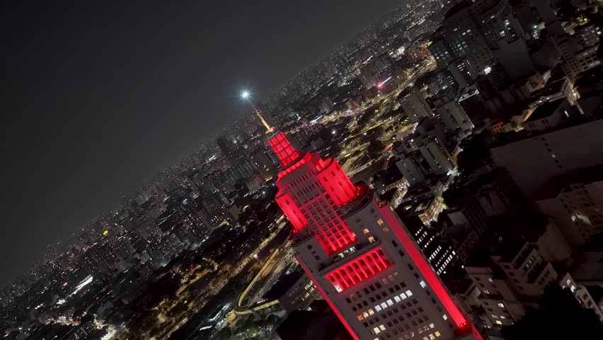 Financial Building At Sao Paulo In Brazil. Night City Landscape. Downtown District. Highrise Buildings. Financial Building At Sao Paulo In Brazil. Tourism Symbol. Sao Paulo Brazil.
