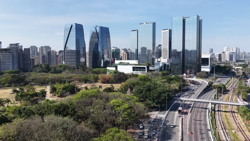 Povo Park At Sao Paulo In Brazil. Offices Towers Landscape. Downtown District Scenery. Highrise Buildings. Povo Park At Sao Paulo In Brazil. Nature Park Background. Sao Paulo Brazil.
