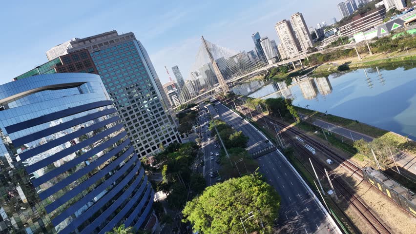 Pinheiros Road At Sao Paulo In Brazil. Downtown Cityscape. Cable Bridge. Highrise Buildings Landscape. Pinheiros Road At Sao Paulo In Brazil. Metropolitan Background. Sao Paulo Brazil.