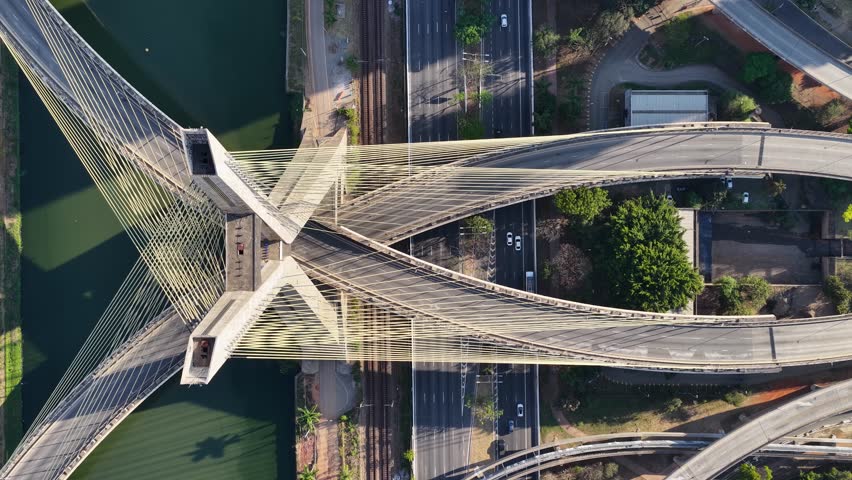 Cable Bridge At Sao Paulo In Brazil. Downtown Cityscape. Cable Bridge. Highrise Buildings Landscape. Cable Bridge At Sao Paulo In Brazil. Metropolitan Background. Sao Paulo Brazil.