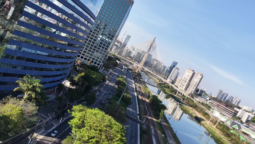Pinheiros Road At Sao Paulo In Brazil. Downtown Cityscape. Traffic Road. Bridge Landscape. Pinheiros Road At Sao Paulo In Brazil. Metropolitan Background. Sao Paulo Brazil.