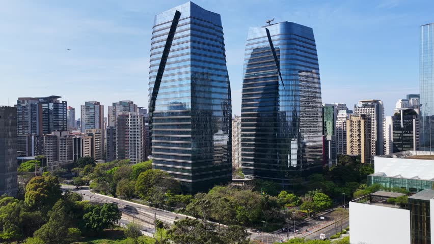 Corporate Towers At Sao Paulo In Brazil. Offices Towers Landscape. Downtown City Scenery. Highrise Buildings. Corporate Towers At Sao Paulo In Brazil. Financial Offices. Sao Paulo Brazil.