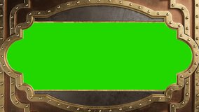 Steampunk style metal board with brass borders. Opening metal hole or door. Isolated with green chromakey, luma matte. - Powered by Shutterstock - Get 15% off with code: PIKWIZARD15