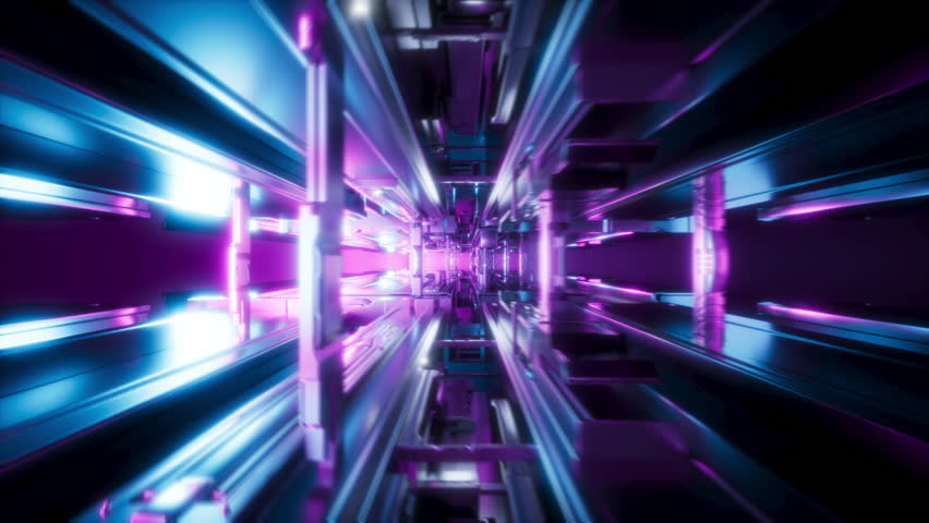 Cool violet tunnel streaks with prism reflections in an endless point of view rush, ideal for tech promos and UI overlays. 3d render video.
